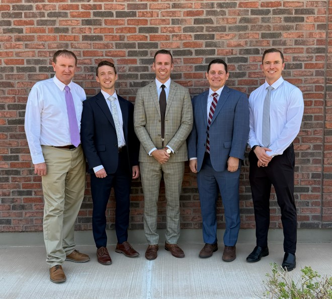 From left to right: Landon Ellison (Ward Clerk), Michael Wade (Second Counselor), Bishop Dallin Miller, Shane Walker (First Counselor), Jared Sullivan (Executive Secretary)